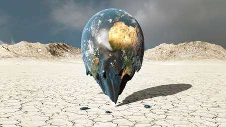 Planet earth or the world melting in a barren and dry land or desert. Global warming, ecology, climate change 3D rendering illustration concept.の写真素材