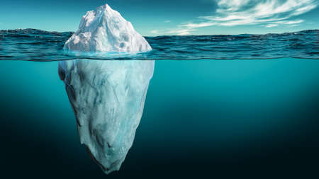 Iceberg with its visible tip and underwater or submerged part floating in the ocean. 3d rendering...
