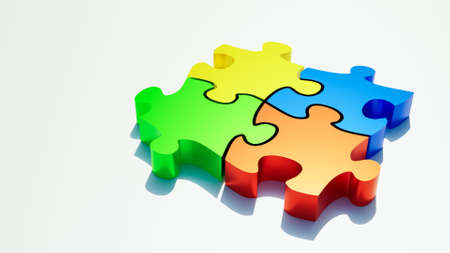 Red, green, blue and yellow jigsaw puzzle pieces on white background with copy space. Teamwork or team building, riddle, solution, collaboration and synergy concepts. 3d rendering illustration.の写真素材