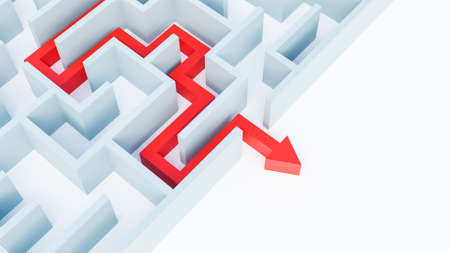 Maze or labyrinth with solution 3D rendering illustration with copy space. Red arrow showing the path to the exit. Solving a riddle, a problem, an issue concept.の写真素材