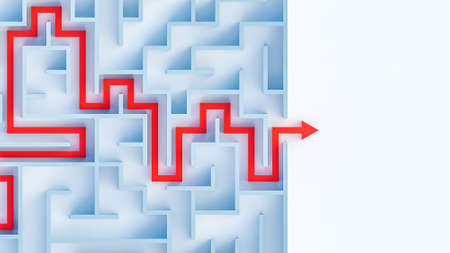 Maze or labyrinth with solution 3D rendering illustration top view with copy space. Red arrow showing the path to the exit. Solving a riddle, a problem, an issue concept.の写真素材