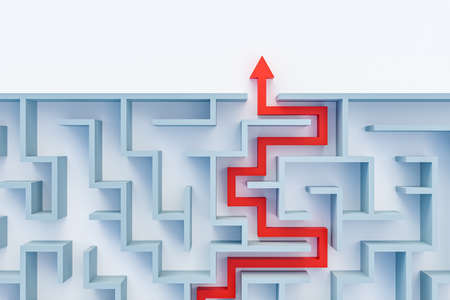 Maze or labyrinth with solution 3D rendering illustration top view with copy space. Red arrow showing the path to the exit. Solving a riddle, a problem, an issue concept.の写真素材
