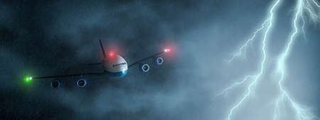 Commercial airplane flying through a storm or thunderstorm 3D rendering illustration. Transportation, flight, weather concepts.の写真素材