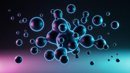 Fluid organic abstract background. Floating liquid spheres or balls with blue and purple light 3D rendering illustration.の写真素材