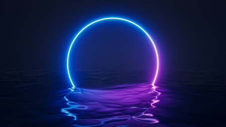 Retro futuristic abstract ocean scenery with blue and violet neon circle with copy space 3D rendering illustrationの写真素材