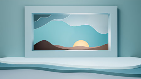 Abstract minimalist natural sunset or sunrise scenery through window conceptual 3D rendering illustration.の写真素材