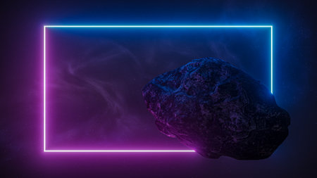 Asteroid in outer space framed with a retro blue and purple neon light. Abstract futuristic design, 3D rendering illustration with copy space.の写真素材