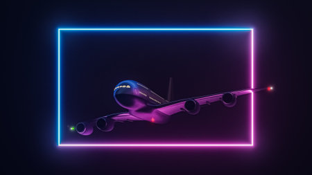 Abstract retro futuristic design with an airplane in glowing blue and violet rectangular neon light frame 3D rendering illustration.の写真素材
