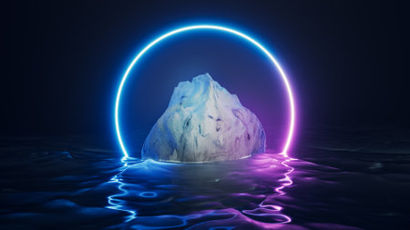neon circle framing an iceberg in the ocean abstract 3D rendering illustration. Retro futuristic design landscape concept.の写真素材