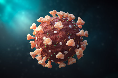 Close-up of a coronavirus or sars-cov-2 cell 3D rendering illustration. Accurate anatomy of the virus. Microbiology, medicine, science, virology concepts.の写真素材