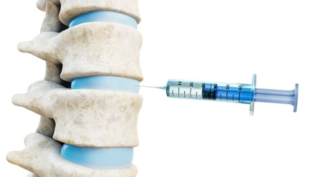 Close-up of intervertebral disk therapy injection. Syringe and human spinal column isolated on white background 3D rendering illustration. Medical and healthcare, medicine, anatomy concepts.の写真素材