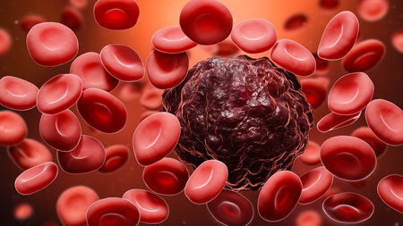 Cancer cell amidst red blood cells 3D rendering illustration. Oncology, cancerology, metastasis, medicine, microbiology, science, illness, health concepts.の写真素材