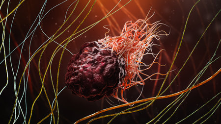 Cancer or tumor cell within fibrous tissue close-up 3D rendering illustration. Carcinoma, lymphoma, oncology, medicine, science, microbiology, cancerous pathology, health concepts.の写真素材