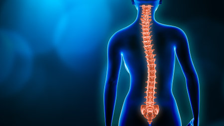 Curvature of the spine and woman body back view 3D rendering illustration with copy space. Spine disorder, scoliosis, backbone injury, human anatomy and medical concepts.の写真素材