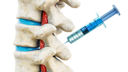 Facet joint injection, therapy against backbone injury or pain. Close-up of vertebrae with a syringe isolated on a white background 3D rendering illustration. Medical and healthcare, anatomy, medicine concept.の写真素材