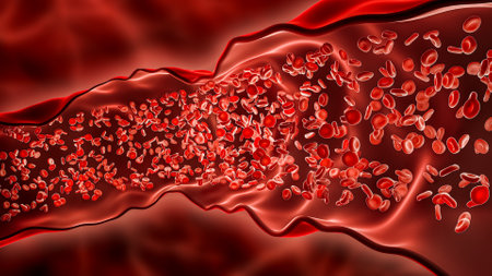 Blood flowing through an artery or vein 3D rendering illustration. Stream of red blood cells or erythrocytes in a blood vessel.の写真素材