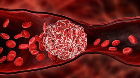 Blood Clot or thrombus blocking the red blood cells stream within an artery or a vein 3D rendering...