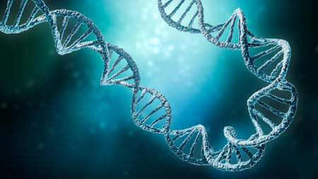 Double helix DNA strands on a blue background with copy space 3D rendering illustration.の写真素材