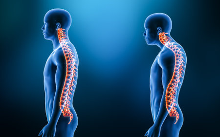 Comparison between normal curvature of the spine and kyphosis with male model from lateral view 3D rendering illustration. Human anatomy, spinal disorders or deformity, backbone pathology, medical concepts.の写真素材