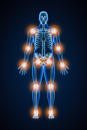 Front or anterior view of human skeleton with joint pain or inflammation 3D rendering illustration. Pathology, anatomy, medical, healthcare, arthritis, rheumatism, medicine concept.の写真素材