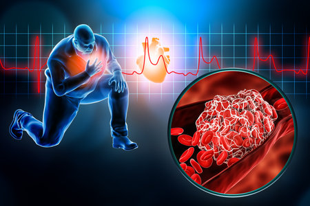 Heart stroke or attack with blood clot or thrombus and STEMI EKG 3D rendering illustration. Myocardial infarction, medicine, medical and healthcare, cardiovascular disease concepts.の写真素材