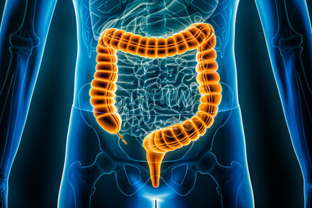 Large intestine or colon or bowels 3D rendering illustration close-up. Irritable bowel syndrome, anatomy, medical, biology, science, healthcare, pathology, inflammatory disease concepts.の写真素材