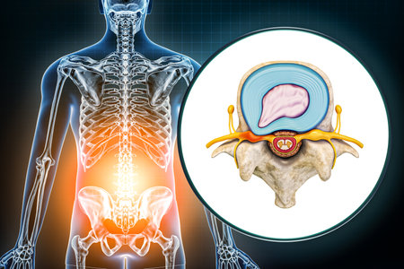 Lumbar hernia and vertebra with herniated disc medical diagram 3D rendering illustration. Backache, spine pathology, injury, osteology, healthcare, science concepts.の写真素材
