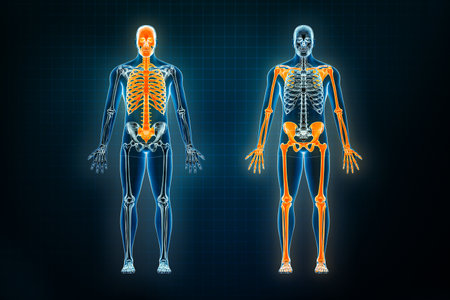 Axial and appendicular skeletal system x-ray front or anterior view. Osteology of the human skeleton 3D rendering illustration. Anatomy, medical, science, biology, healthcare concepts.の写真素材