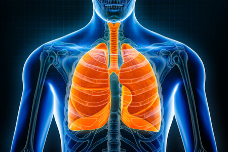 Lungs and trachea front or anterior view 3D rendering illustration on blue background. Organs of the human respiratory system, anatomy, medical, science, biology, healthcare concepts.の写真素材