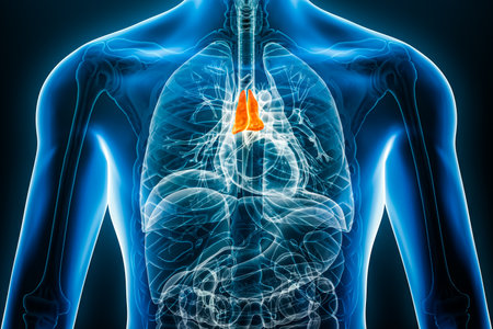 Xray thymus internal organ 3D rendering illustration with male body outlines. Human anatomy, medical, biology, science, healthcare concepts.の写真素材