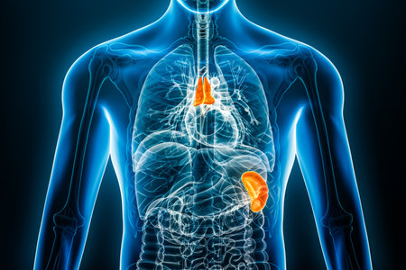 Xray thymus and spleen internal organ 3D rendering illustration with male body contours. Human anatomy, lymphoid system, medical, biology, science, healthcare concepts.の写真素材