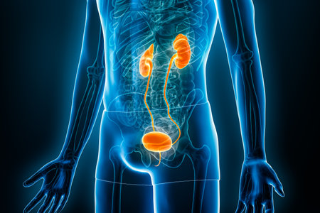 Xray urinary system or tract with kidneys, bladder and ureter 3D rendering illustration with male body contours. Human anatomy, medical, biology, science, healthcare concepts.の写真素材