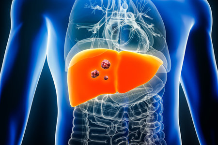 Liver cancer with organs and tumors or cancerous cells 3D rendering illustration. Anatomy, oncology, biomedical, disease, medical, biology, science, healthcare concepts.の写真素材