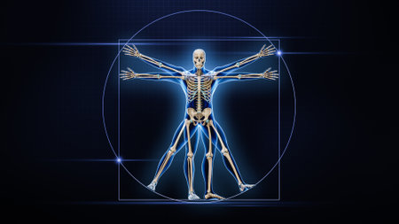 Front view of the human male body and bones 3D rendering illustration on blue background. Skeleton anatomy, medical, skeletal system, biology, science, medicine, osteology, biomechanics concepts.の写真素材
