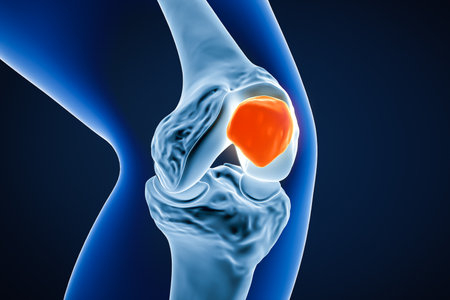 Anterior or front close-up view of the patella or kneecap bone 3D rendering illustration. Human skeletal anatomy, knee joint, osteology, science, biology concept.の写真素材