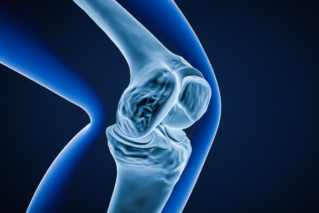 Close-up view of the knee joint bones 3D rendering illustration. Human skeletal anatomy, osteology, science, biology, medical and healthcare concept.の写真素材