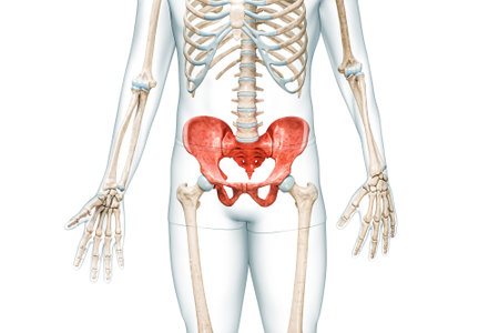 Pelvic girdle or pelvis, sacrum and coccyx bones in color with body 3D rendering illustration isolated on white with copy space. Human skeleton anatomy, medical diagram, skeletal system concept.の写真素材