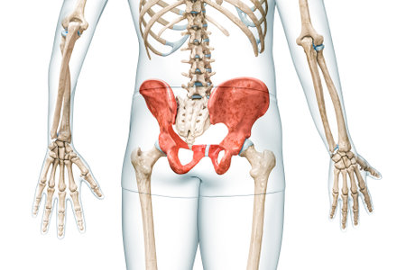 Male pelvis bones back view in red color with body 3D rendering illustration isolated on white with copy space. Human skeleton anatomy, medical diagram, osteology, skeletal system, science concepts.の写真素材