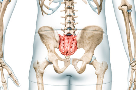 Sacrum or sacral bone in red color with body back view 3D rendering illustration isolated on white with copy space. Human skeleton anatomy, medical diagram, osteology, skeletal system concepts.の写真素材