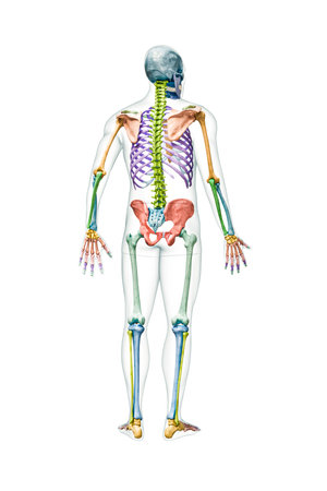 Back view of the full human male skeleton with body 3D rendering illustration isolated on white with copy space. Anatomy or medical diagram with each bone or group of bones labeled with color.の写真素材