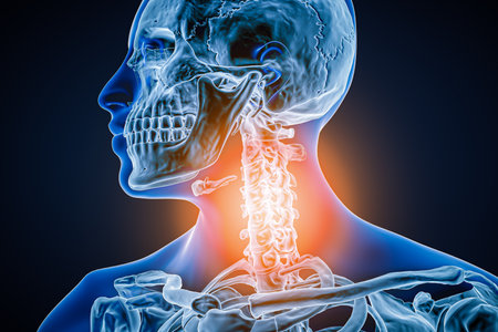 Cervical vertebrae with osteoarthritis, inflammation or injury 3D rendering illustration. Anatomy,...