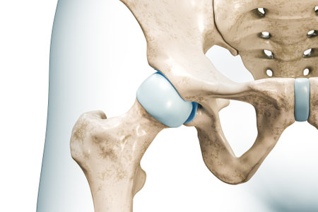 Hip seal close-up 3D rendering illustration isolated on white with copy space. Human skeleton and pelvis anatomy, medical diagram, osteology, skeletal system, science, biology concepts.の写真素材