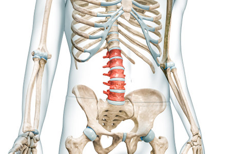 Lumbar vertebrae in red color with body 3D rendering illustration isolated on white with copy space. Human skeleton and spine anatomy, medical diagram, osteology, skeletal system, biology concepts.の写真素材