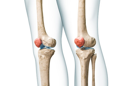 Patella or kneecap bone in red color with body 3D rendering illustration isolated on white with copy space. Human skeleton and knee anatomy, medical diagram, osteology, skeletal system concepts.の写真素材