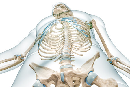 Spine and rib cage or thoracic cavity from front low angle view with body 3D rendering illustration isolated on white with copy space. Human skeleton anatomy, medical diagram, osteology concepts.の写真素材