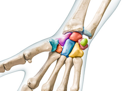 Carpal bone labeled with colors with body 3D rendering illustration isolated on white with copy space. Human skeleton, hand and wrist anatomy, medical diagram, osteology, skeletal system concepts.の写真素材
