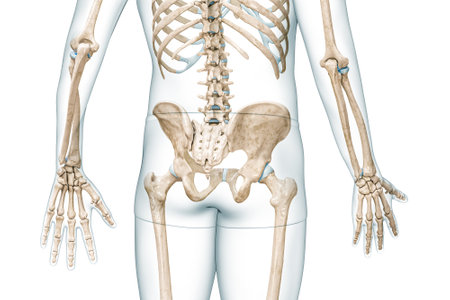 Pelvis or pelvic girdle bones back view with body 3D rendering illustration isolated on white with copy space. Human skeleton anatomy, medical diagram, osteology, skeletal system, biology concepts.の写真素材