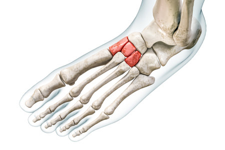 Cuneiform tarsal bones in red with body 3D rendering illustration isolated on white with copy space. Human skeleton and foot anatomy, medical diagram, osteology, skeletal system concepts.の写真素材