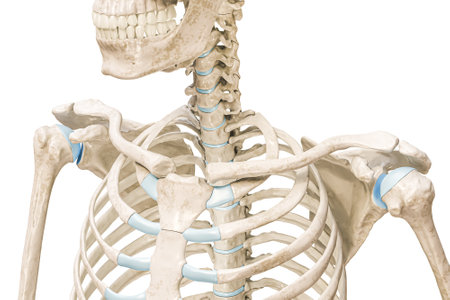 Clavicle bone or collarbone superior or top view 3D rendering illustration isolated on white with copy space. Human skeleton and shoulder anatomy, medical diagram, osteology, skeletal system concepts.の写真素材