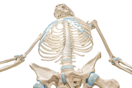 Spine and rib cage from front low angle view 3D rendering illustration isolated on white with copy space. Human skeleton and thoracic cavity anatomy, medical diagram, skeletal system concepts.の写真素材